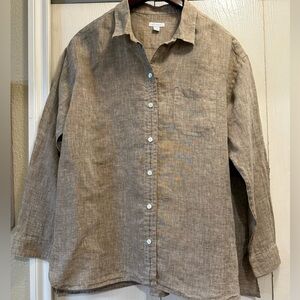 J. Jill Tan Long Sleeve Button Down Linen Size L Lagen Look Coastal Grandma Top